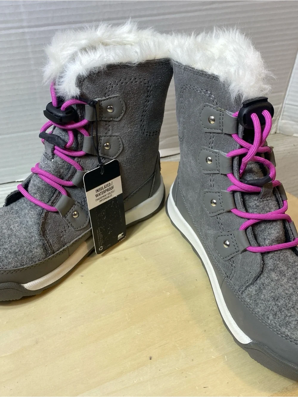 SOREL Youth Waterproof Insulated Snow Boots Grey Pink Size US 2 NEW